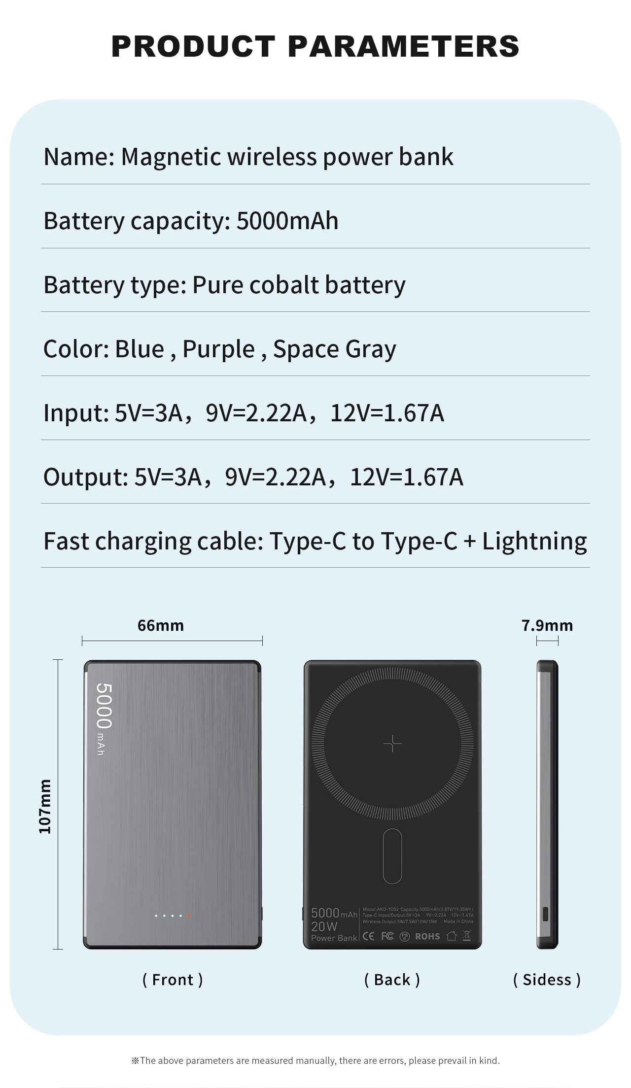 Super Slim Pure Cobalt Battery Magsafe Wireless Charging 15W Power Bank 5000mAh Aluminum Alloy Fast Charging 20W
