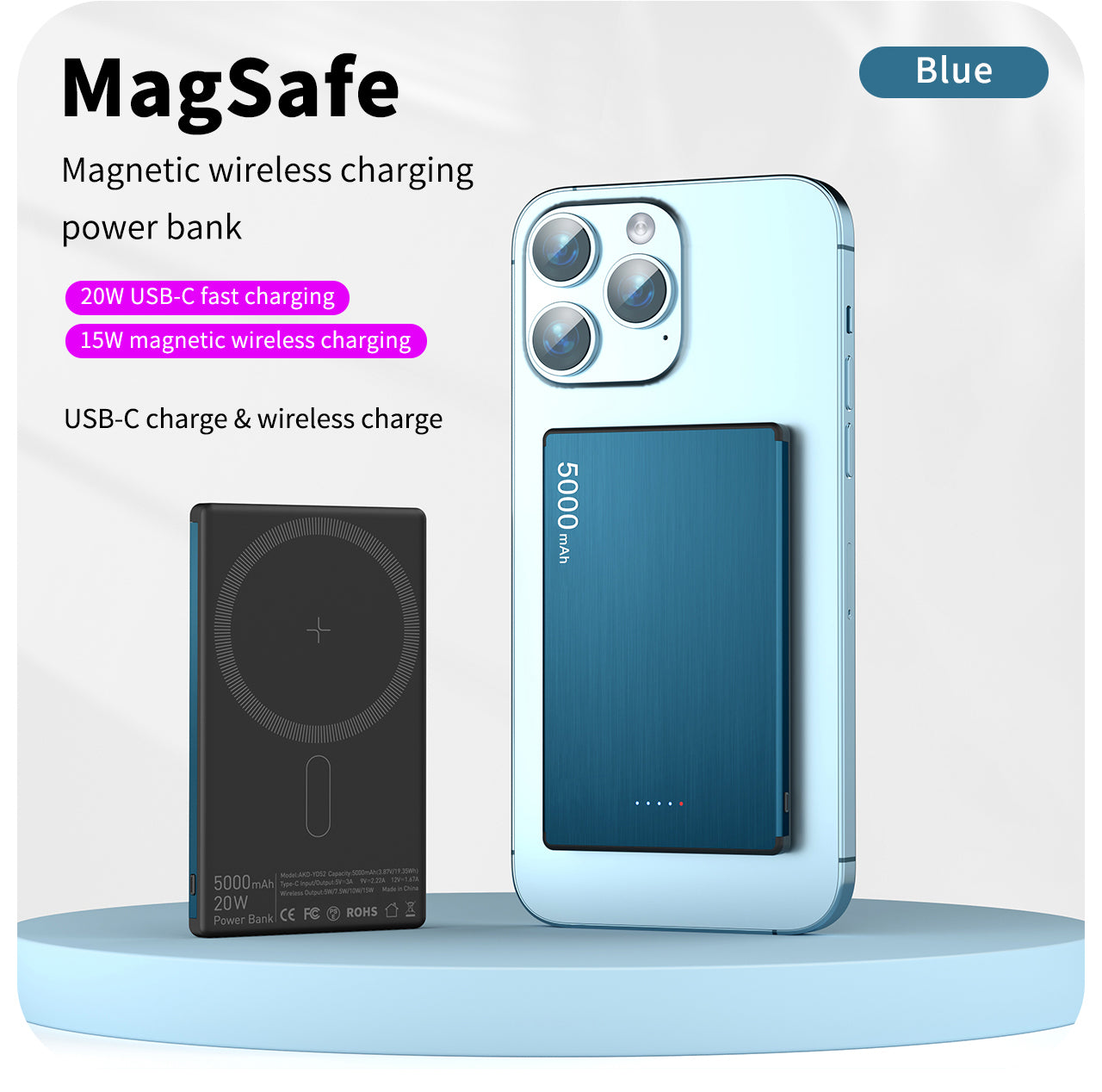 Super Slim Pure Cobalt Battery Magsafe Wireless Charging 15W Power Bank 5000mAh Aluminum Alloy Fast Charging 20W
