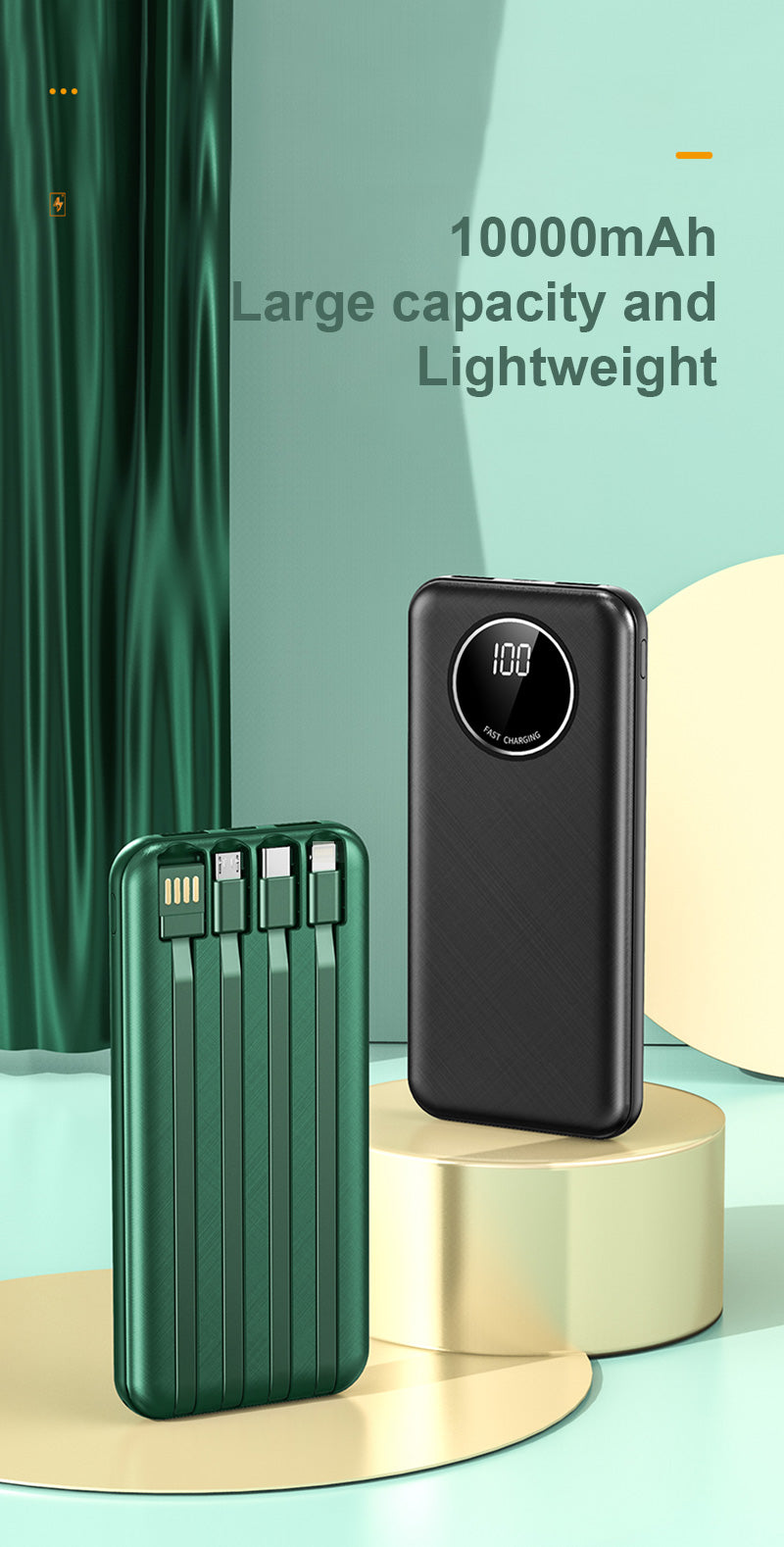 Hot Sale Built In Cable Portable Charger Fast Charging 10000Mah Power Bank